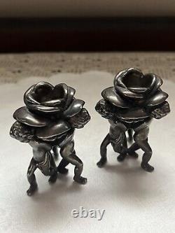 Vintage Sterling Silver 925 Cherub Angel Putti Rose Candle Holders Pair Fabulous