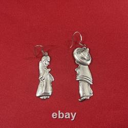 Vintage Sterling Silver 925 Mexico Man And Woman Couple Dangle Earrings