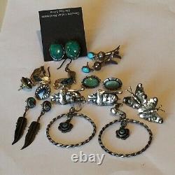 Vintage Sterling Silver 9 Pairs of Navajo Turquoise Lapis Coral MOP Onyx Pierce