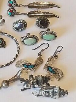 Vintage Sterling Silver 9 Pairs of Navajo Turquoise Lapis Coral MOP Onyx Pierce