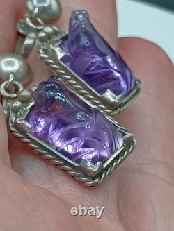 Vintage Sterling Silver Amethyst Gemstone Earrings Screwback Purple Frogs 8g