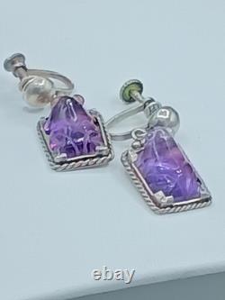 Vintage Sterling Silver Amethyst Gemstone Earrings Screwback Purple Frogs 8g