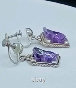 Vintage Sterling Silver Amethyst Gemstone Earrings Screwback Purple Frogs 8g