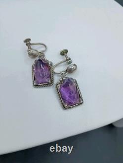 Vintage Sterling Silver Amethyst Gemstone Earrings Screwback Purple Frogs 8g