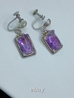 Vintage Sterling Silver Amethyst Gemstone Earrings Screwback Purple Frogs 8g