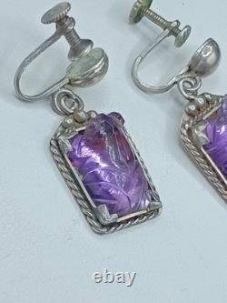 Vintage Sterling Silver Amethyst Gemstone Earrings Screwback Purple Frogs 8g