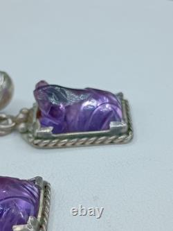 Vintage Sterling Silver Amethyst Gemstone Earrings Screwback Purple Frogs 8g