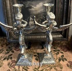 Vintage Sterling Silver Angel Mermaid Pair Classical Candlestick Holders heavy