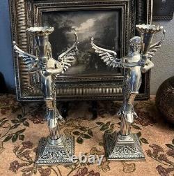 Vintage Sterling Silver Angel Mermaid Pair Classical Candlestick Holders heavy