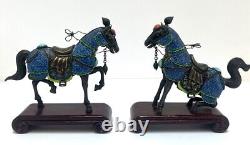 Vintage Sterling Silver/Enamel Chinese Horse Figurine Pair with Turquoise & Coral