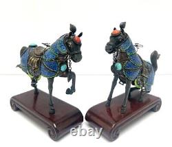 Vintage Sterling Silver/Enamel Chinese Horse Figurine Pair with Turquoise & Coral