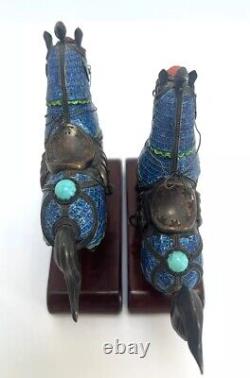 Vintage Sterling Silver/Enamel Chinese Horse Figurine Pair with Turquoise & Coral