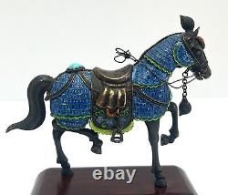 Vintage Sterling Silver/Enamel Chinese Horse Figurine Pair with Turquoise & Coral