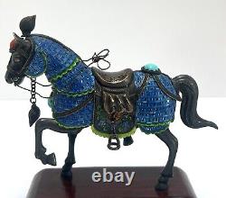 Vintage Sterling Silver/Enamel Chinese Horse Figurine Pair with Turquoise & Coral