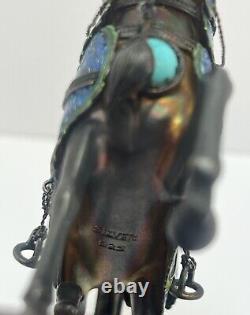 Vintage Sterling Silver/Enamel Chinese Horse Figurine Pair with Turquoise & Coral