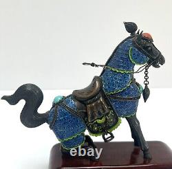Vintage Sterling Silver/Enamel Chinese Horse Figurine Pair with Turquoise & Coral
