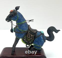 Vintage Sterling Silver/Enamel Chinese Horse Figurine Pair with Turquoise & Coral