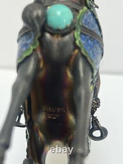 Vintage Sterling Silver/Enamel Chinese Horse Figurine Pair with Turquoise & Coral