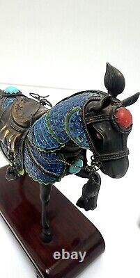 Vintage Sterling Silver/Enamel Chinese Horse Figurine Pair with Turquoise & Coral