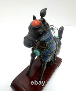 Vintage Sterling Silver/Enamel Chinese Horse Figurine Pair with Turquoise & Coral