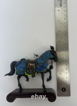Vintage Sterling Silver/Enamel Chinese Horse Figurine Pair with Turquoise & Coral