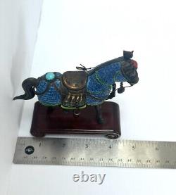 Vintage Sterling Silver/Enamel Chinese Horse Figurine Pair with Turquoise & Coral