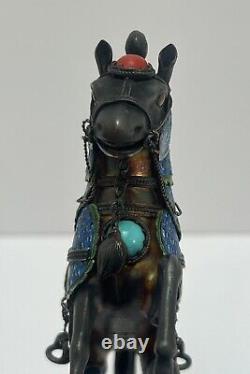 Vintage Sterling Silver/Enamel Chinese Horse Figurine Pair with Turquoise & Coral