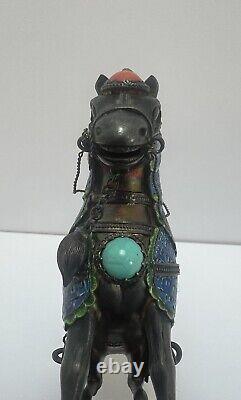 Vintage Sterling Silver/Enamel Chinese Horse Figurine Pair with Turquoise & Coral