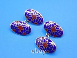 Vintage Sterling Silver Enamel Guilloche England H & V Hewett & Voller Cufflinks