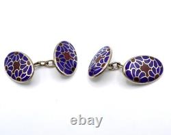 Vintage Sterling Silver Enamel Guilloche England H & V Hewett & Voller Cufflinks