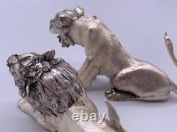 Vintage Sterling Silver Figurines Pair Of Lion And Lioness Sighned Handmade