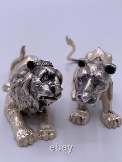 Vintage Sterling Silver Figurines Pair Of Lion And Lioness Sighned Handmade