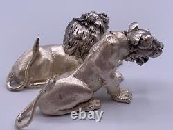 Vintage Sterling Silver Figurines Pair Of Lion And Lioness Sighned Handmade