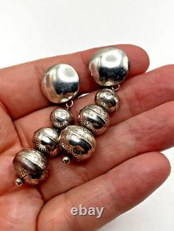 Vintage Sterling Silver Navajo Pearl Earrings Graduated Stamped Clips Authentic