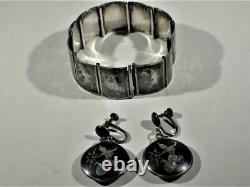 Vintage Sterling Silver Nielloware Bracelet and Pair of Earrings, Thailand (Siam)