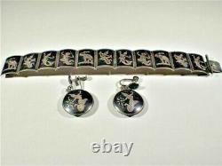 Vintage Sterling Silver Nielloware Bracelet and Pair of Earrings, Thailand (Siam)