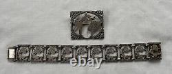 Vintage Sterling Silver Pin & Bracelet Set Of A Dancing Couple