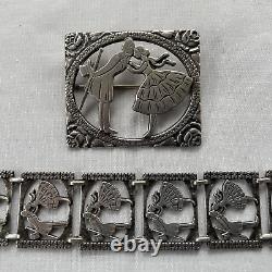 Vintage Sterling Silver Pin & Bracelet Set Of A Dancing Couple