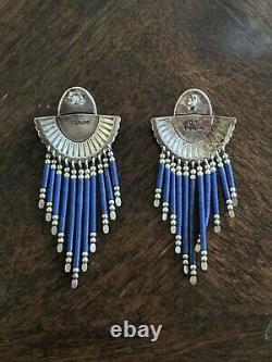 Vintage Sterling Silver QT Navajo Zuni Lapis Lazuli Bead Earrings Pair 11167