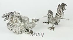 Vintage Sterling Silver Rooster Fighting Cocks Large Figurines Pair, Peru