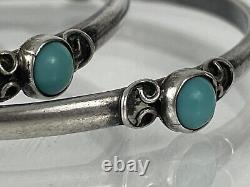 Vintage Sterling Silver Turquoise Mexico Taxco Bangle Bracelet Pair