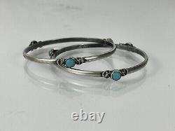 Vintage Sterling Silver Turquoise Mexico Taxco Bangle Bracelet Pair