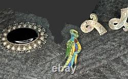 Vintage Taxco Sterling Lot Enamel Parrot Abalone Earrings Onyx Brooch Crown Mark