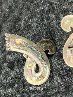 Vintage Taxco Sterling Lot Enamel Parrot Abalone Earrings Onyx Brooch Crown Mark