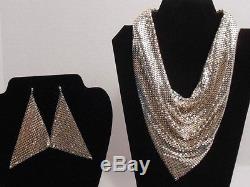 Vintage Whiting Davis Rare Silver Mesh Scarf Necklace With 2 Pairs Of Earrings