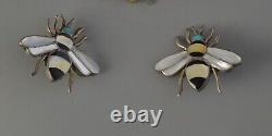 Vintage Zuni Indian Silver Inlay Clasp Earrings Bumble Bees 1 Tall