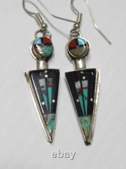Vintage Zuni Indian Sterling Silver + Space Dsgn Stone Inlay Earrings A+ Gift