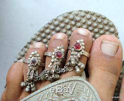 Vintage antique ethnic tribal old silver toe ring pair fish deign belly dance