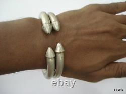 Vintage antique tribal old silver bracelet bangle cuff pair solid traditional je