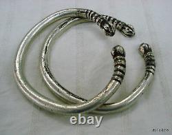 Vintage antique tribal old silver bracelet bangle cuff pair solid unisex jewelry